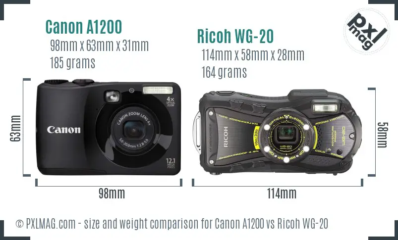 Canon A1200 vs Ricoh WG-20 size comparison