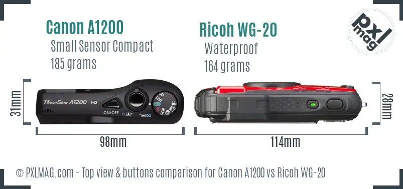 Canon A1200 vs Ricoh WG-20 top view buttons comparison