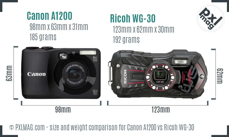 Canon A1200 vs Ricoh WG-30 size comparison