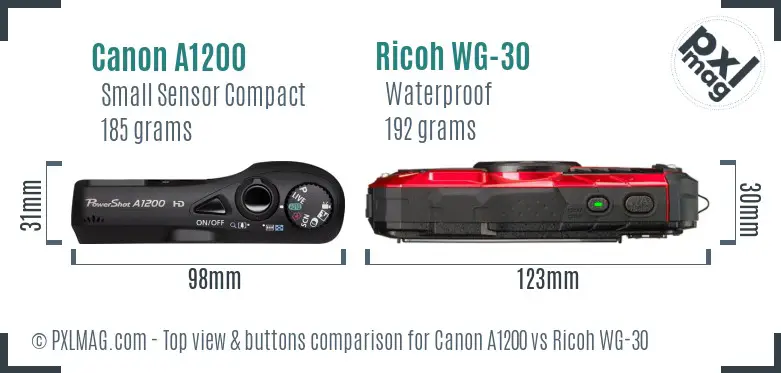 Canon A1200 vs Ricoh WG-30 top view buttons comparison