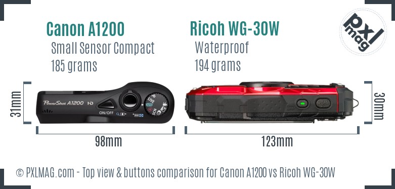 Canon A1200 vs Ricoh WG-30W top view buttons comparison
