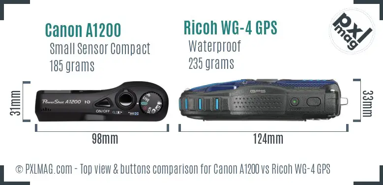 Canon A1200 vs Ricoh WG-4 GPS top view buttons comparison Canon A1200 vs Ricoh WG-4 GPS top view buttons comparison