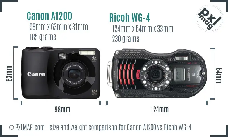 Canon A1200 vs Ricoh WG-4 size comparison
