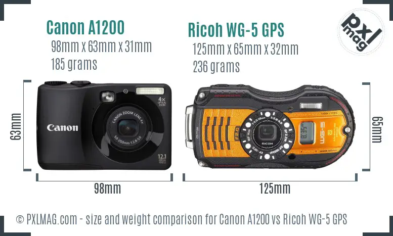 Canon A1200 vs Ricoh WG-5 GPS size comparison