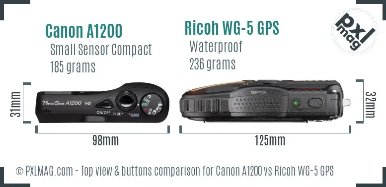 Canon A1200 vs Ricoh WG-5 GPS top view buttons comparison