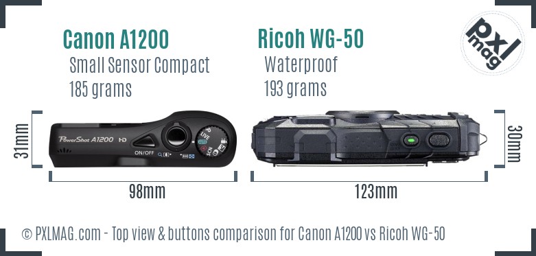 Canon A1200 vs Ricoh WG-50 top view buttons comparison