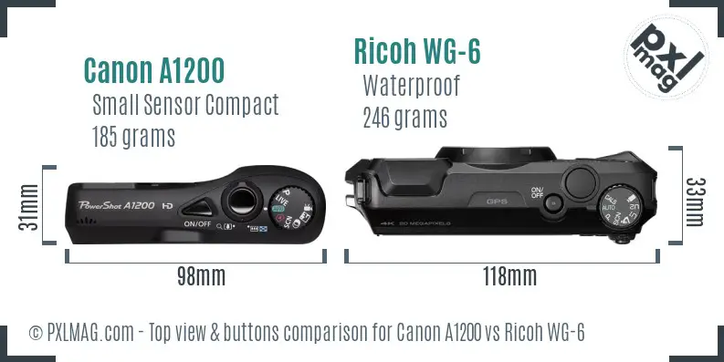 Canon A1200 vs Ricoh WG-6 top view buttons comparison Canon A1200 vs Ricoh WG-6 top view buttons comparison
