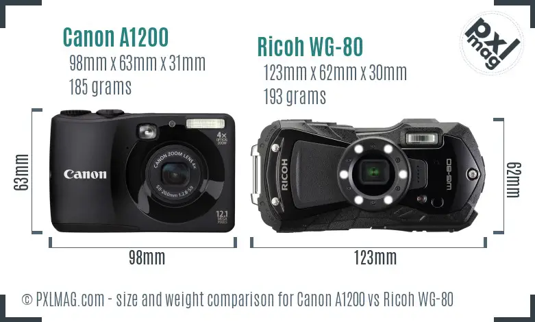 Canon A1200 vs Ricoh WG-80 size comparison