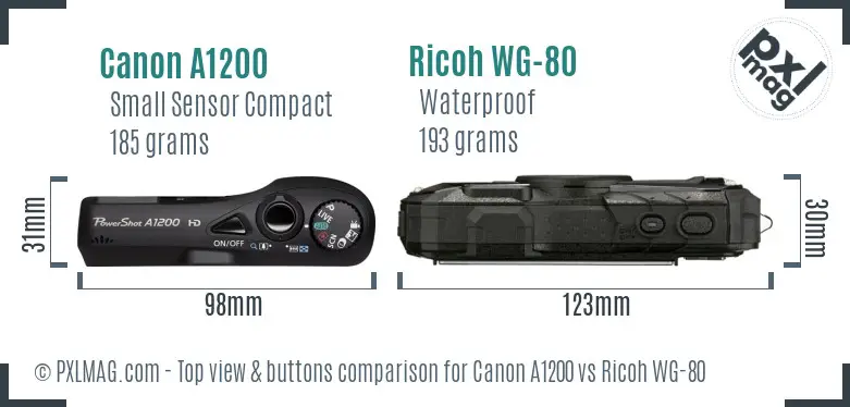 Canon A1200 vs Ricoh WG-80 top view buttons comparison