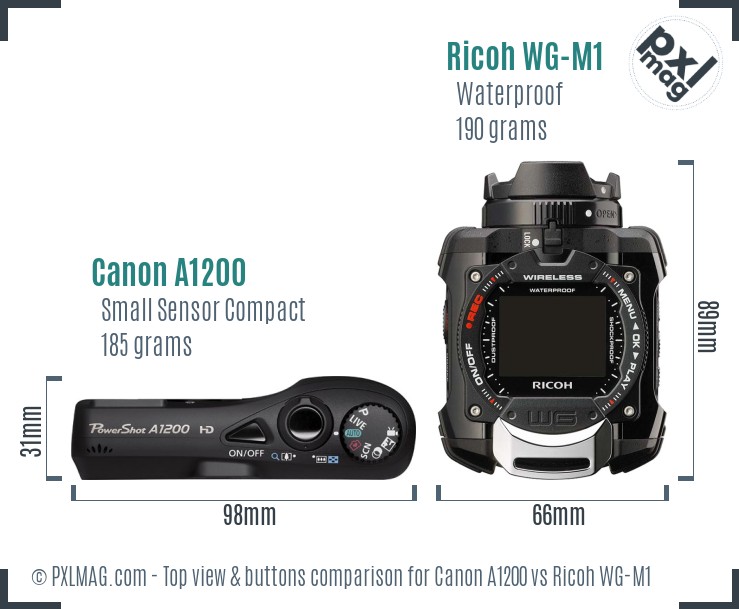 Canon A1200 vs Ricoh WG-M1 top view buttons comparison