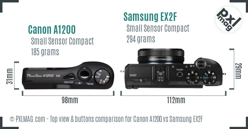 Canon A1200 vs Samsung EX2F top view buttons comparison