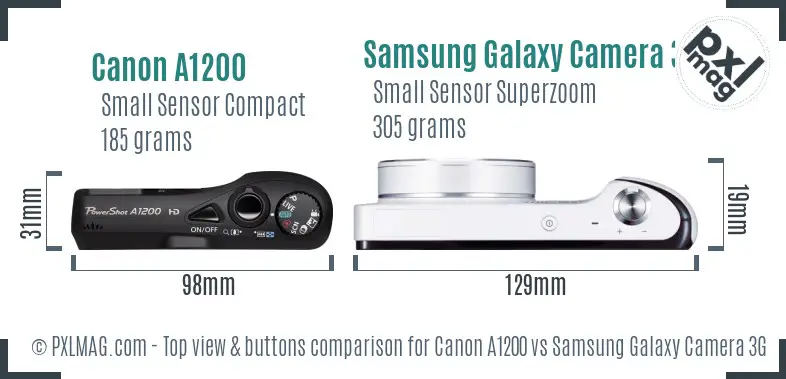 Canon A1200 vs Samsung Galaxy Camera 3G top view buttons comparison