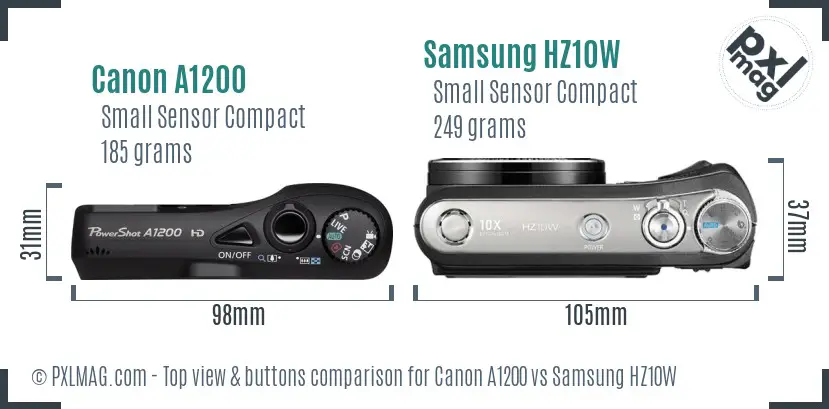 Canon A1200 vs Samsung HZ10W top view buttons comparison