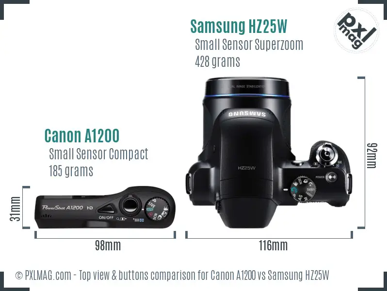 Canon A1200 vs Samsung HZ25W top view buttons comparison