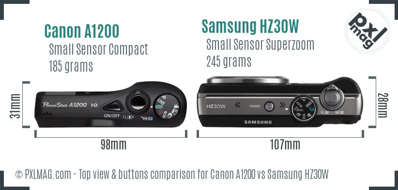 Canon A1200 vs Samsung HZ30W top view buttons comparison