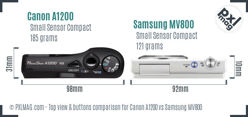 Canon A1200 vs Samsung MV800 top view buttons comparison