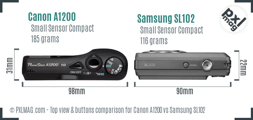 Canon A1200 vs Samsung SL102 top view buttons comparison