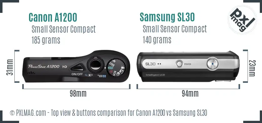 Canon A1200 vs Samsung SL30 top view buttons comparison Canon A1200 vs Samsung SL30 top view buttons comparison