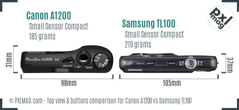 Canon A1200 vs Samsung TL100 top view buttons comparison Canon A1200 vs Samsung TL100 top view buttons comparison