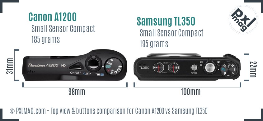 Canon A1200 vs Samsung TL350 top view buttons comparison