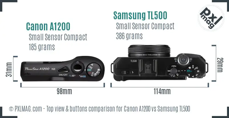 Canon A1200 vs Samsung TL500 top view buttons comparison