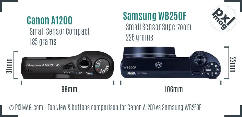Canon A1200 vs Samsung WB250F top view buttons comparison