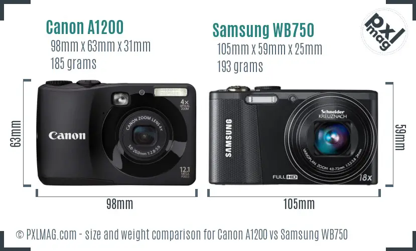 Canon A1200 vs Samsung WB750 size comparison