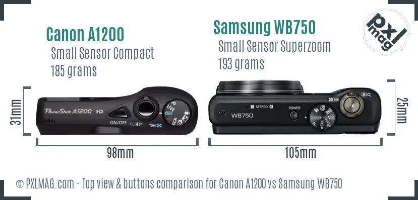 Canon A1200 vs Samsung WB750 top view buttons comparison