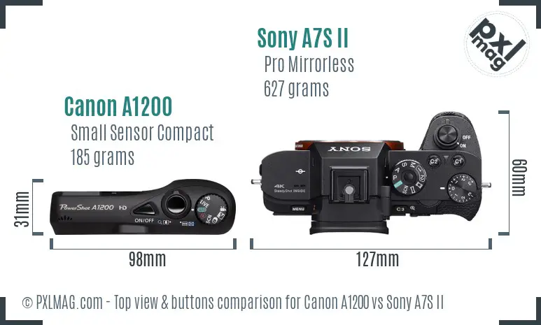 Canon A1200 vs Sony A7S II top view buttons comparison