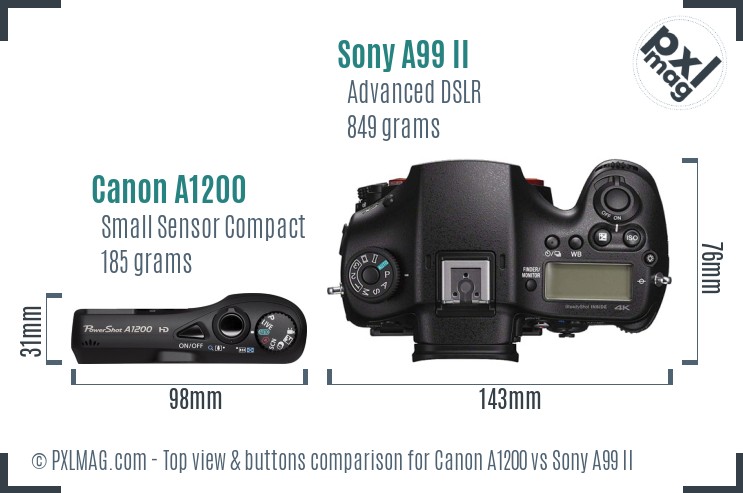 Canon A1200 vs Sony A99 II top view buttons comparison