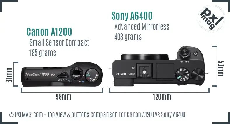 Canon A1200 vs Sony A6400 top view buttons comparison