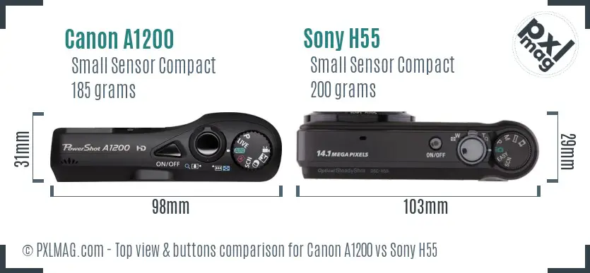 Canon A1200 vs Sony H55 top view buttons comparison