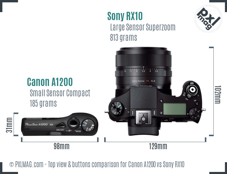 Canon A1200 vs Sony RX10 top view buttons comparison
