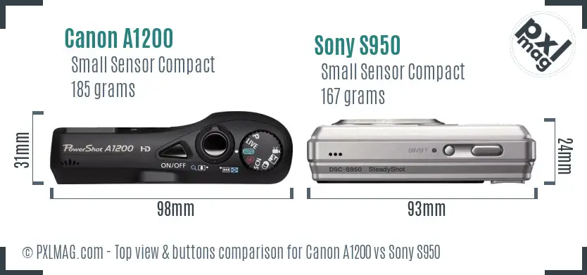 Canon A1200 vs Sony S950 top view buttons comparison