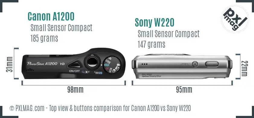 Canon A1200 vs Sony W220 top view buttons comparison