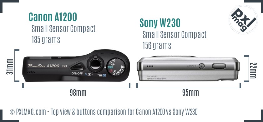 Canon A1200 vs Sony W230 top view buttons comparison