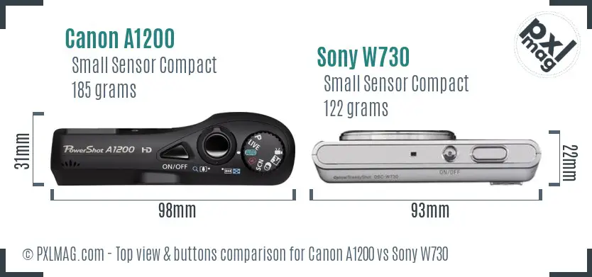 Canon A1200 vs Sony W730 top view buttons comparison
