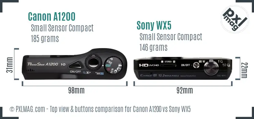 Canon A1200 vs Sony WX5 top view buttons comparison
