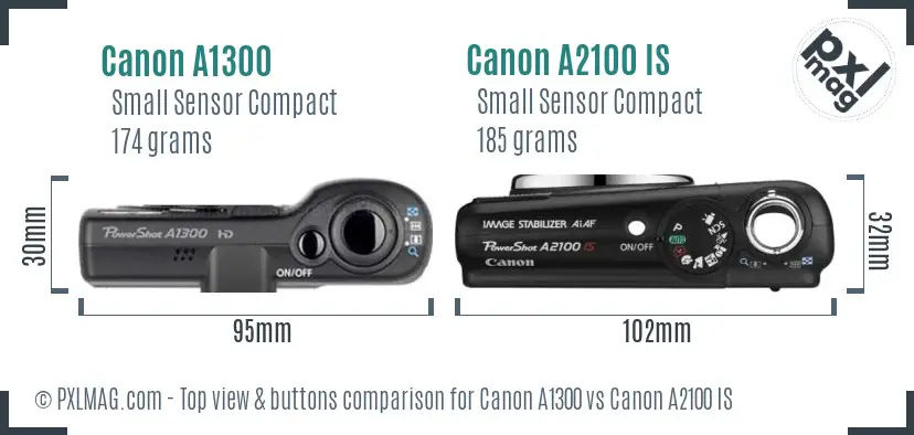 Canon A1300 vs Canon A2100 IS top view buttons comparison