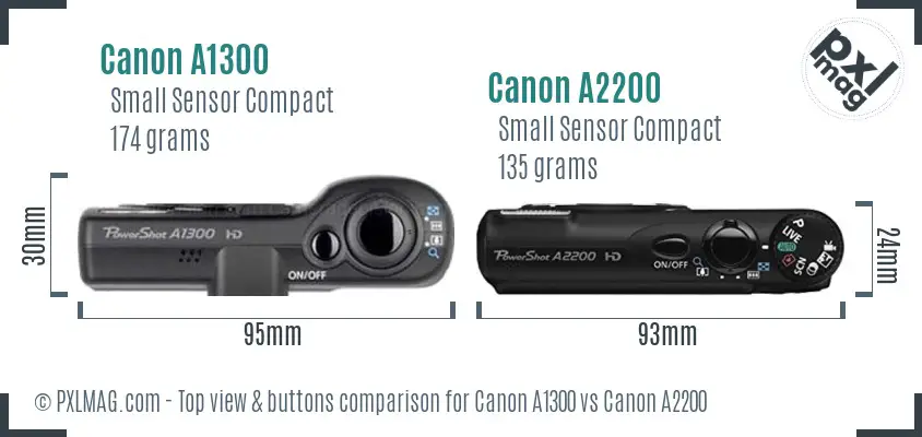 Canon A1300 vs Canon A2200 top view buttons comparison