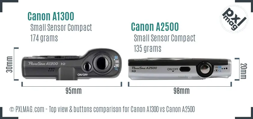 Canon A1300 vs Canon A2500 top view buttons comparison