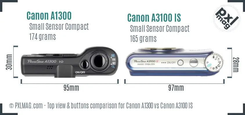 Canon A1300 vs Canon A3100 IS top view buttons comparison