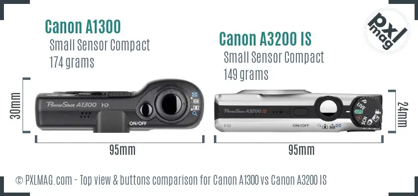 Canon A1300 vs Canon A3200 IS top view buttons comparison