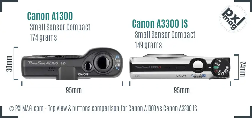 Canon A1300 vs Canon A3300 IS top view buttons comparison