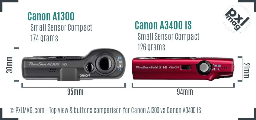 Canon A1300 vs Canon A3400 IS top view buttons comparison