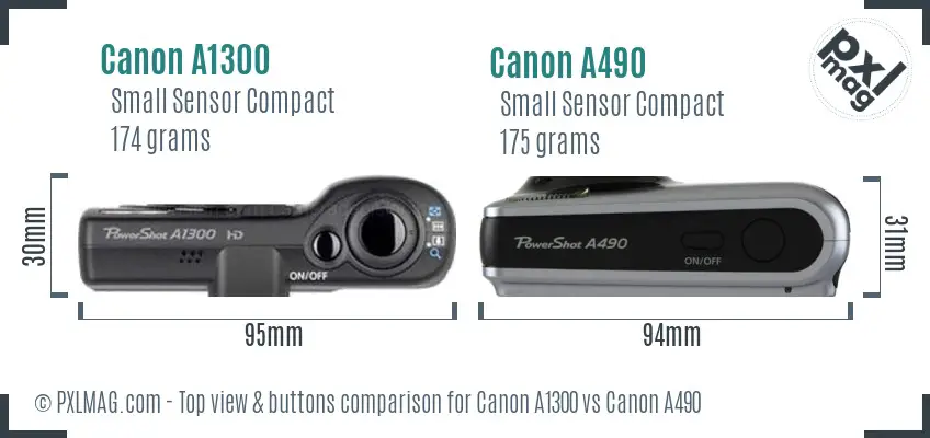 Canon A1300 vs Canon A490 top view buttons comparison