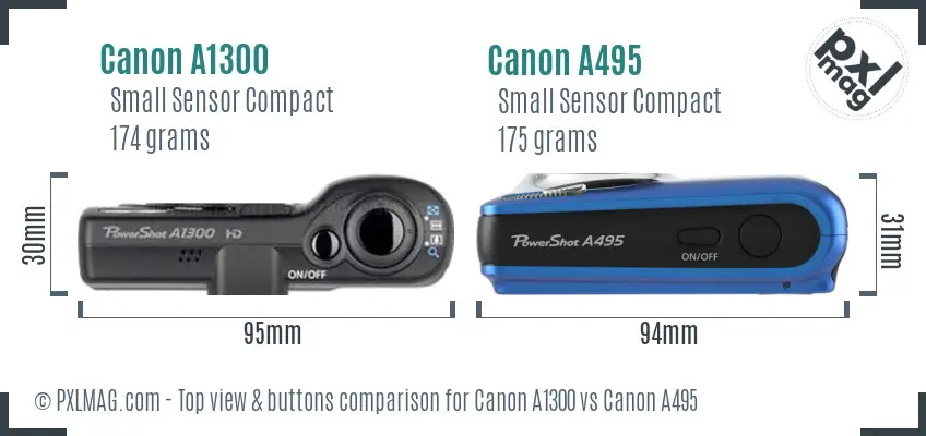 Canon A1300 vs Canon A495 top view buttons comparison