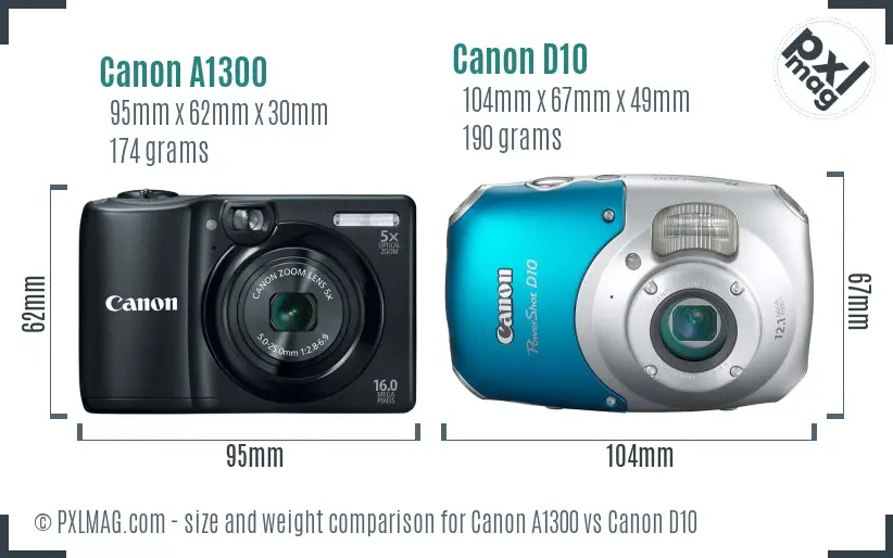 Canon A1300 vs Canon D10 size comparison