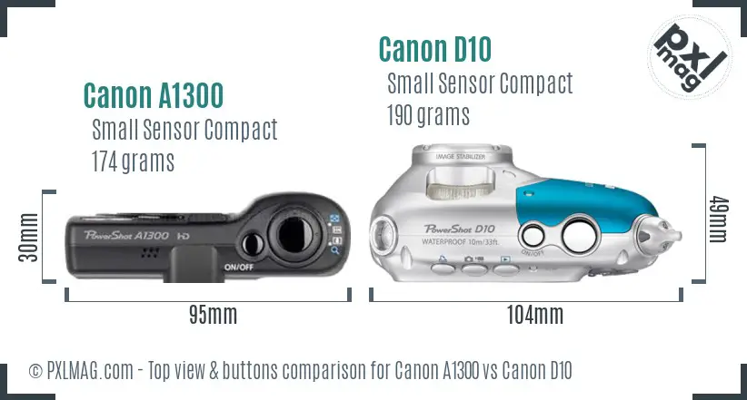 Canon A1300 vs Canon D10 top view buttons comparison