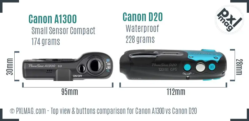 Canon A1300 vs Canon D20 top view buttons comparison